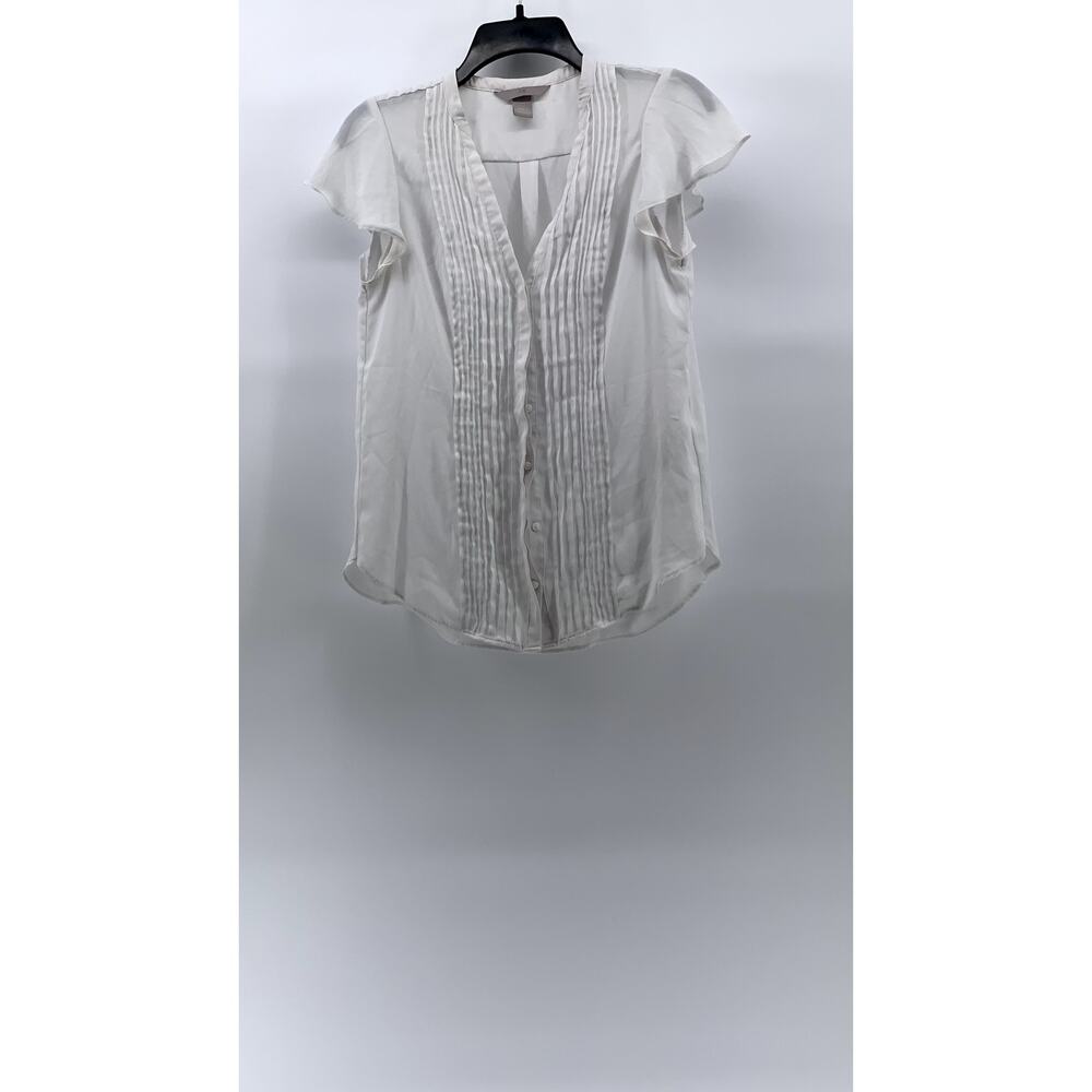 H&M Women's White Pleated Button-Up Short Flutter Sleeve Semi Sheer Top SZ 4
